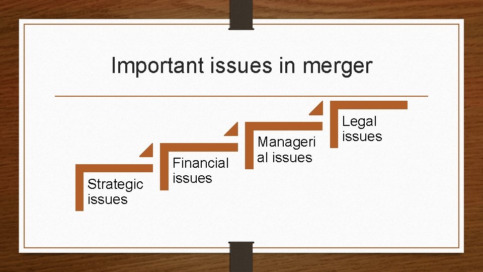 Important issues in merger Strategic issues Financial issues Manageri al issues Legal issues 