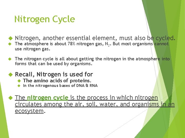 Nitrogen Cycle Nitrogen, another essential element, must also be cycled. The atmosphere is about
