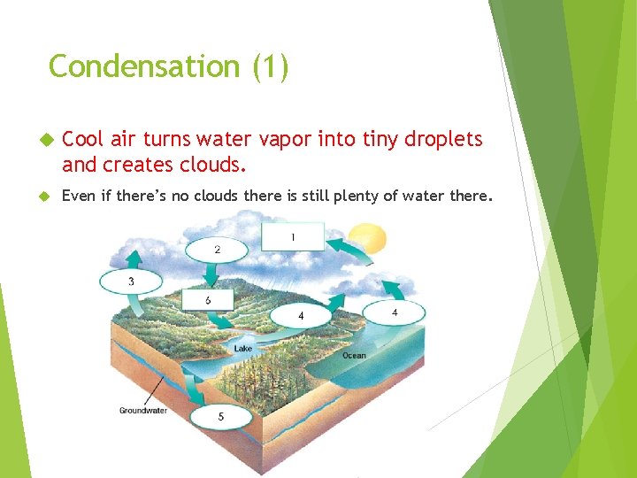 Condensation (1) Cool air turns water vapor into tiny droplets and creates clouds. Even