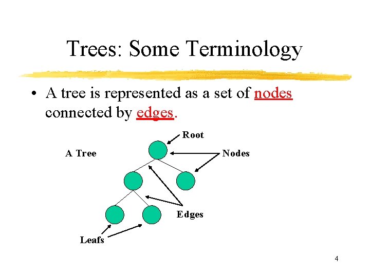 Trees: Some Terminology • A tree is represented as a set of nodes connected