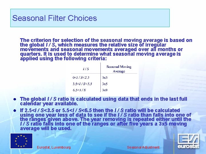 Seasonal Filter Choices The criterion for selection of the seasonal moving average is based