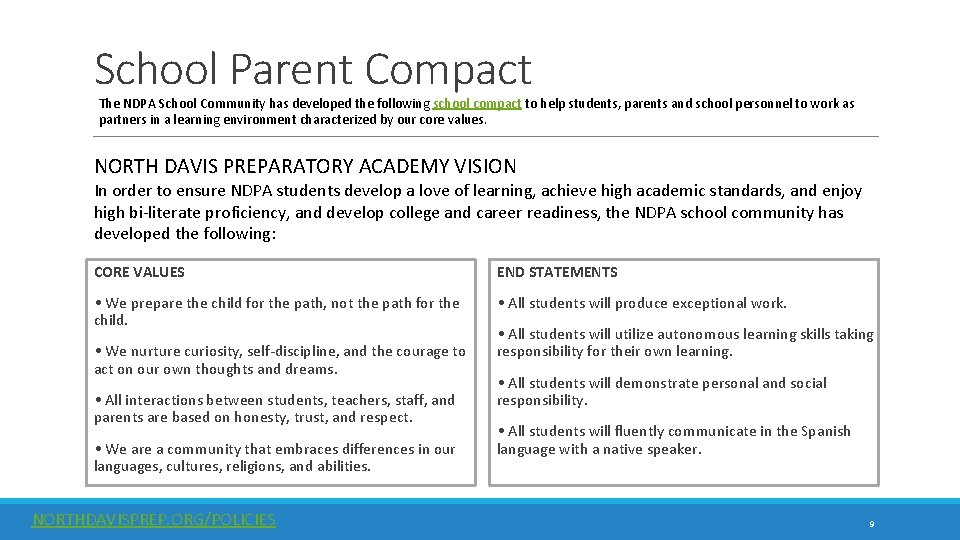 School Parent Compact The NDPA School Community has developed the following school compact to