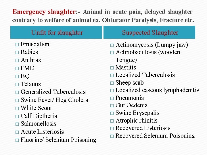 Emergency slaughter: - Animal in acute pain, delayed slaughter contrary to welfare of animal
