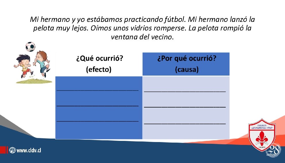 Mi hermano y yo estábamos practicando fútbol. Mi hermano lanzó la pelota muy lejos.