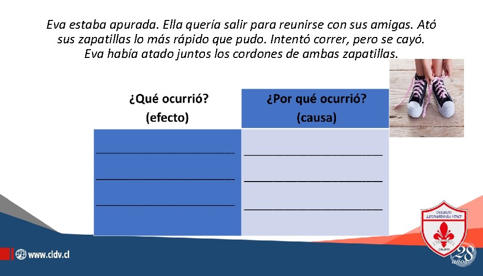 Eva estaba apurada. Ella quería salir para reunirse con sus amigas. Ató sus zapatillas