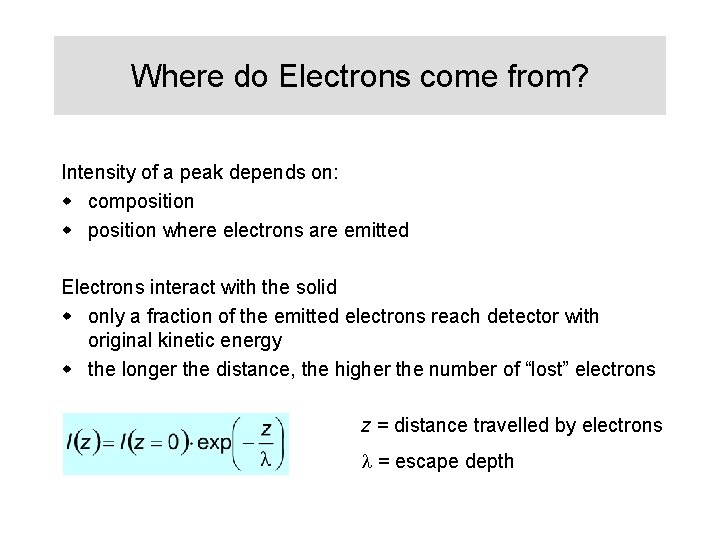 Where do Electrons come from? Intensity of a peak depends on: w composition where