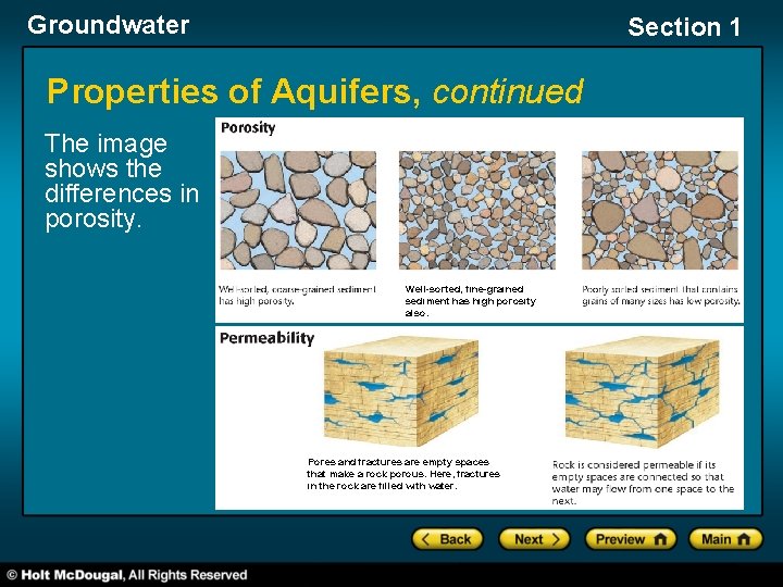 Groundwater Section 1 Properties of Aquifers, continued The image shows the differences in porosity.