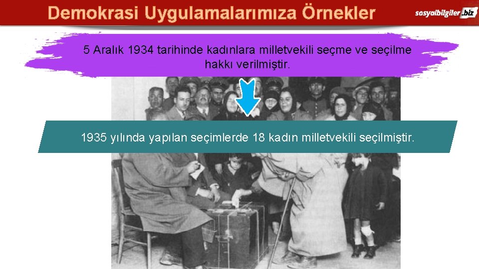 Demokrasi Uygulamalarımıza Örnekler 5 Aralık 1934 tarihinde kadınlara milletvekili seçme ve seçilme hakkı verilmiştir.