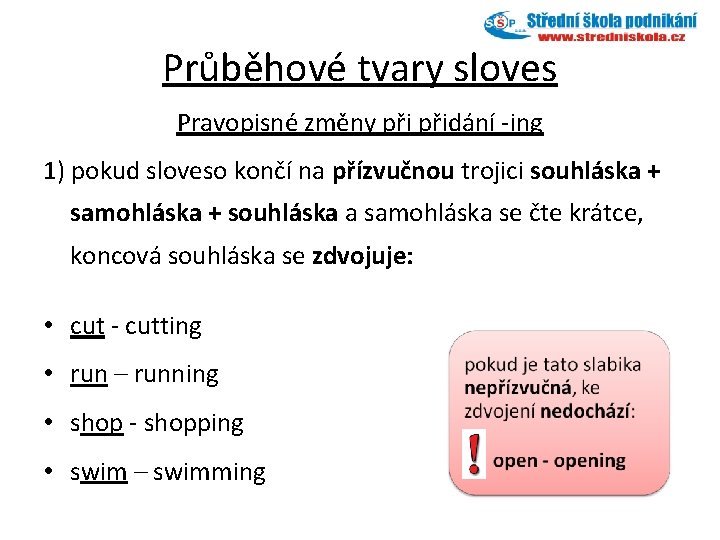 Průběhové tvary sloves Pravopisné změny přidání -ing 1) pokud sloveso končí na přízvučnou trojici