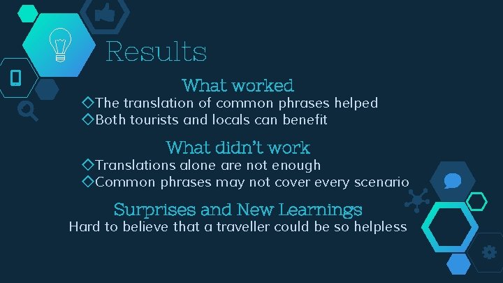 Results What worked ◇The translation of common phrases helped ◇Both tourists and locals can