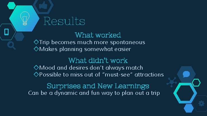 Results What worked ◇Trip becomes much more spontaneous ◇Makes planning somewhat easier What didn’t