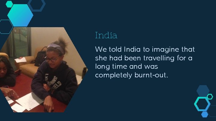 India We told India to imagine that she had been travelling for a long