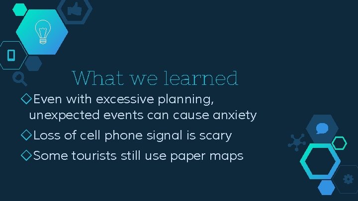 What we learned ◇Even with excessive planning, unexpected events can cause anxiety ◇Loss of