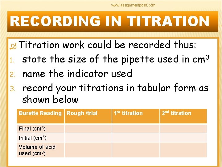 www. assignmentpoint. com RECORDING IN TITRATION Titration 1. 2. 3. work could be recorded