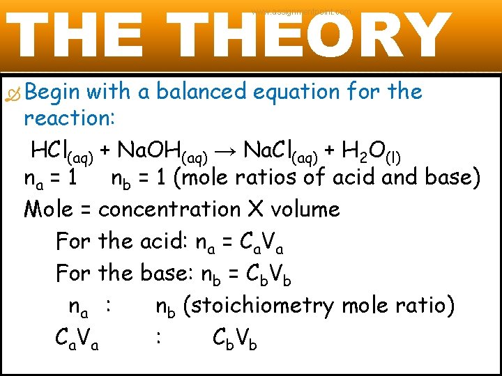 THE THEORY www. assignmentpoint. com Begin with a balanced equation for the reaction: HCl(aq)