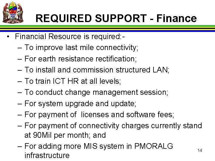 REQUIRED SUPPORT - Finance • Financial Resource is required: – To improve last mile