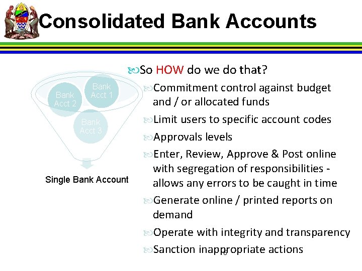 Consolidated Bank Accounts So HOW do we do that? Bank Commitment control against budget