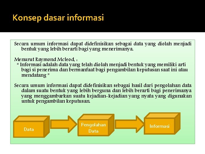 Konsep dasar informasi Secara umum informasi dapat didefinisikan sebagai data yang diolah menjadi bentuk