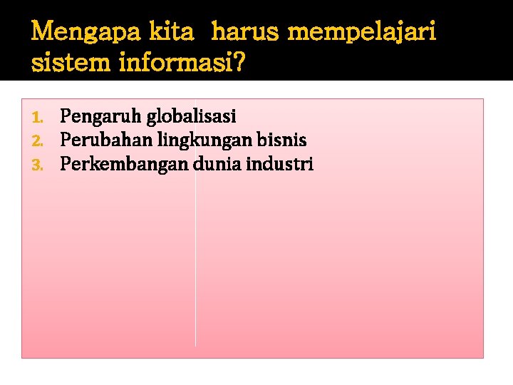 Mengapa kita harus mempelajari sistem informasi? 1. 2. 3. Pengaruh globalisasi Perubahan lingkungan bisnis