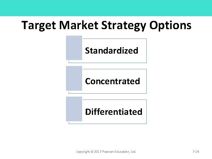Target Market Strategy Options Standardized Concentrated Differentiated Copyright © 2017 Pearson Education, Ltd. 7 Target Market Strategy Options Standardized Concentrated Differentiated Copyright © 2017 Pearson Education, Ltd. 7