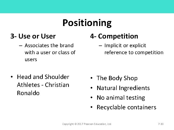 Positioning 3 - Use or User 4 - Competition – Associates the brand with Positioning 3 - Use or User 4 - Competition – Associates the brand with