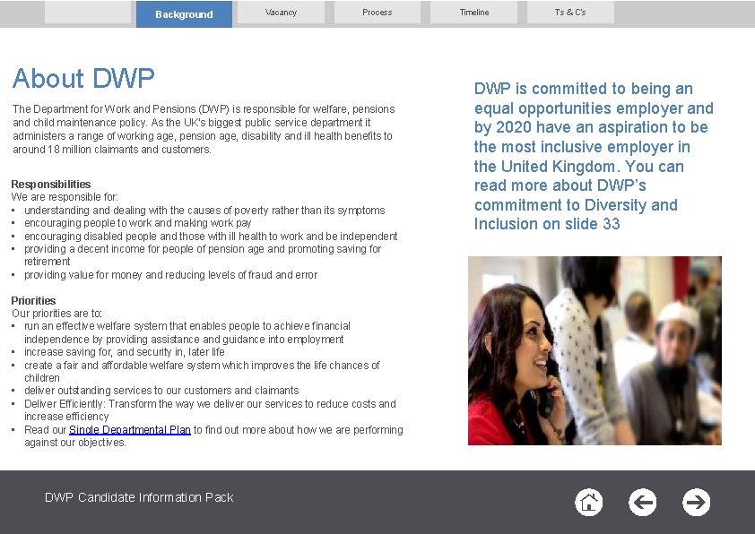 Background Vacancy Process About DWP The Department for Work and Pensions (DWP) is responsible
