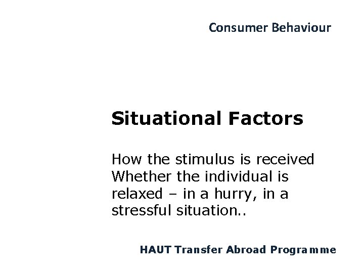 Consumer Behaviour Situational Factors How the stimulus is received Whether the individual is relaxed