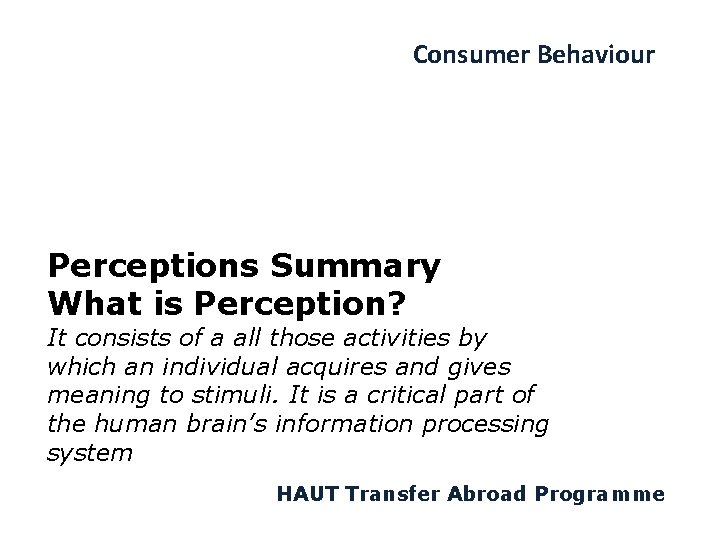 Consumer Behaviour Perceptions Summary What is Perception? It consists of a all those activities