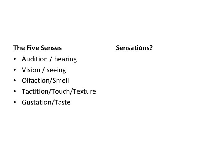 The Five Senses • • • Audition / hearing Vision / seeing Olfaction/Smell Tactition/Touch/Texture