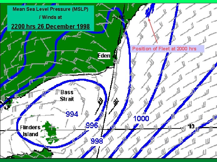 Mean Sea Level Pressure (MSLP) / Winds at 2200 hrs 26 December 1998 Position