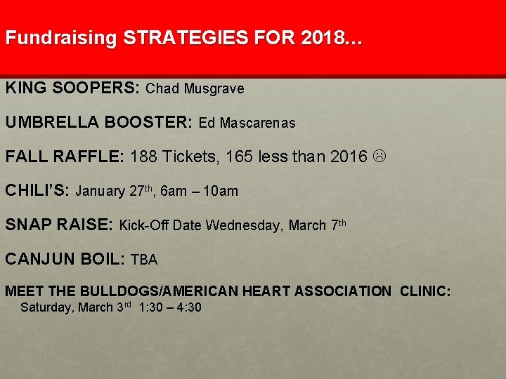 Fundraising STRATEGIES FOR 2018… KING SOOPERS: Chad Musgrave UMBRELLA BOOSTER: Ed Mascarenas FALL RAFFLE: