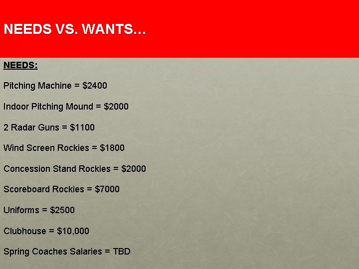 NEEDS VS. WANTS… NEEDS: Pitching Machine = $2400 Indoor Pitching Mound = $2000 2