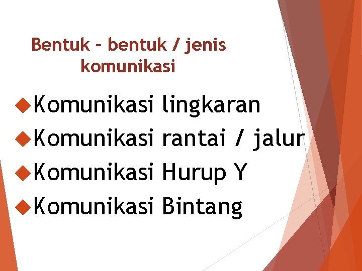 Bentuk – bentuk / jenis komunikasi Komunikasi lingkaran Komunikasi rantai / jalur Komunikasi Hurup