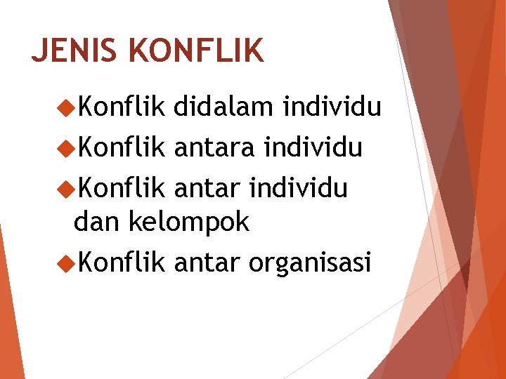 JENIS KONFLIK Konflik didalam individu Konflik antara individu Konflik antar individu dan kelompok Konflik