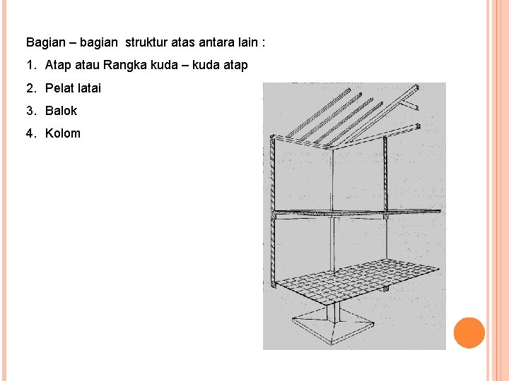 Bagian – bagian struktur atas antara lain : 1. Atap atau Rangka kuda –