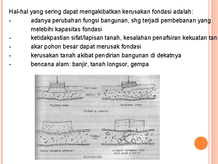 Hal-hal yang sering dapat mengakibatkan kerusakan fondasi adalah: adanya perubahan fungsi bangunan, shg terjadi