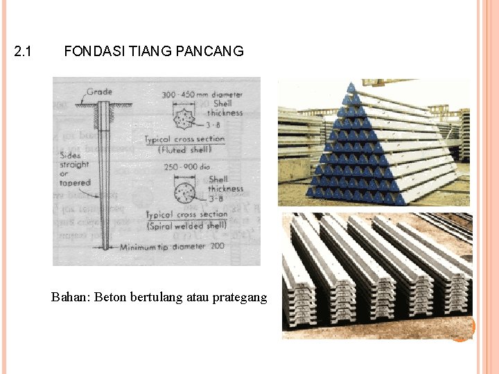 2. 1 FONDASI TIANG PANCANG Bahan: Beton bertulang atau prategang 