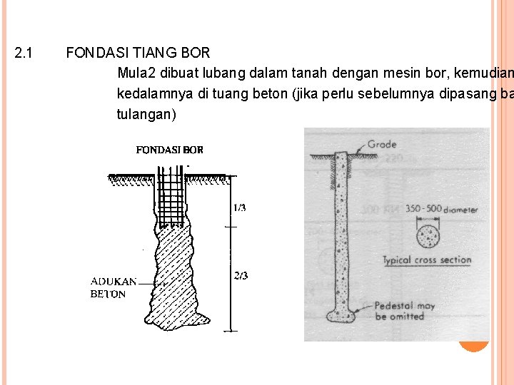 2. 1 FONDASI TIANG BOR Mula 2 dibuat lubang dalam tanah dengan mesin bor,