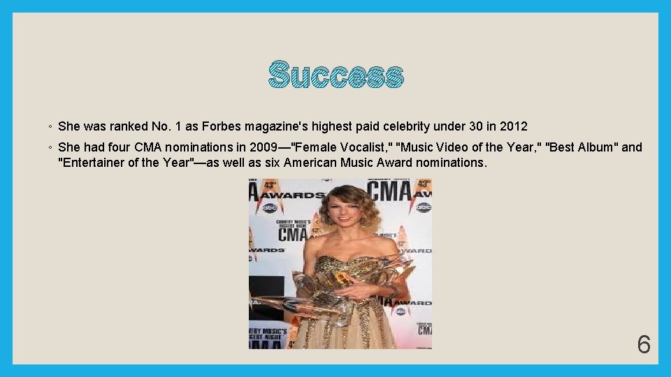 Success ◦ She was ranked No. 1 as Forbes magazine's highest paid celebrity under