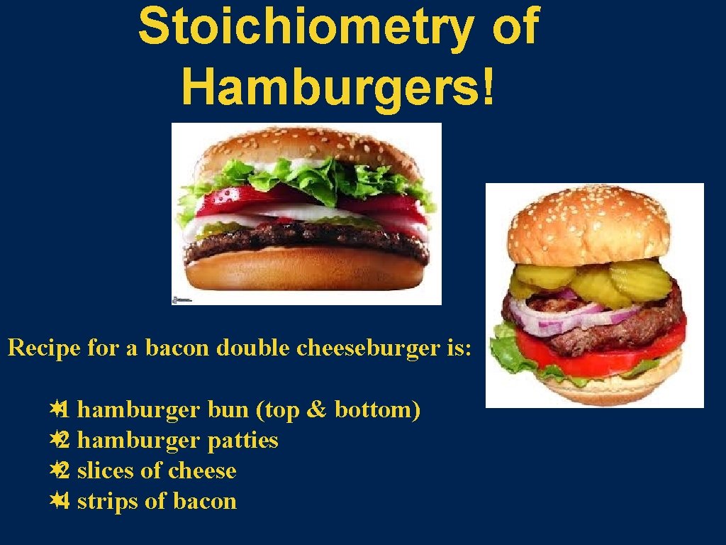 Stoichiometry of Hamburgers! Recipe for a bacon double cheeseburger is: ¬ 1 hamburger bun