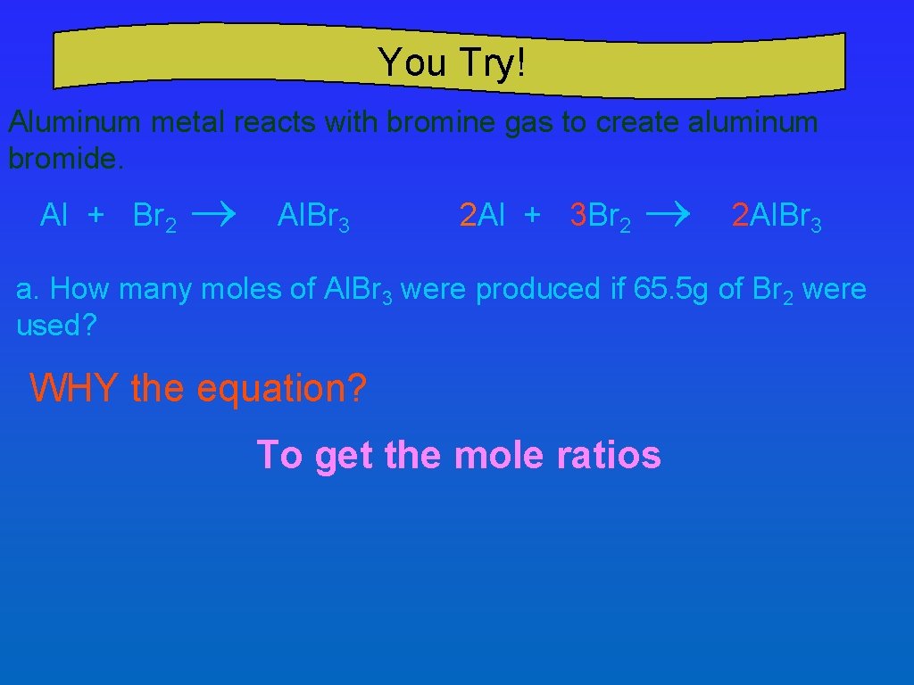 You Try! Aluminum metal reacts with bromine gas to create aluminum bromide. Al +