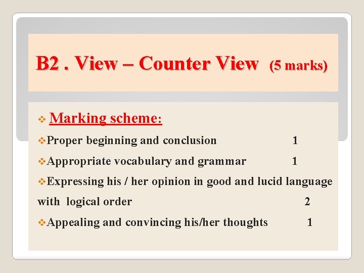 B 2. View – Counter View v (5 marks) Marking scheme: v. Proper beginning