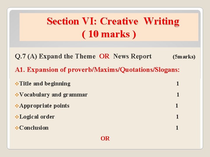 Section VI: Creative Writing ( 10 marks ) Q. 7 (A) Expand the Theme