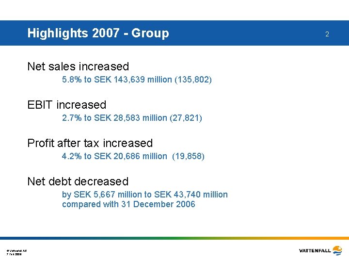 Highlights 2007 - Group Net sales increased 5. 8% to SEK 143, 639 million