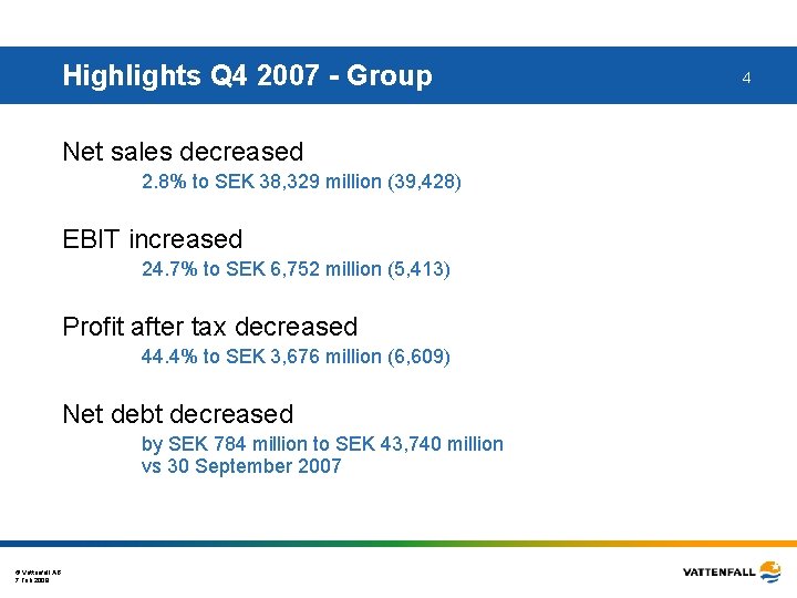 Highlights Q 4 2007 - Group Net sales decreased 2. 8% to SEK 38,
