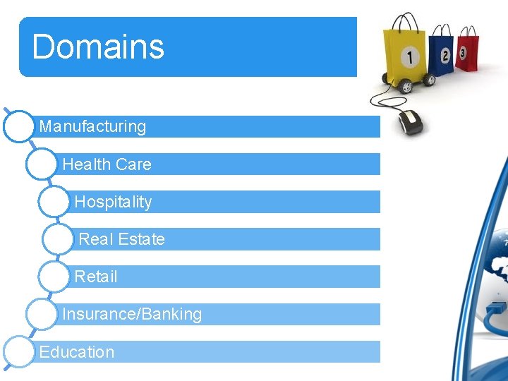 Domains Manufacturing Health Care Hospitality Real Estate Retail Insurance/Banking Education 