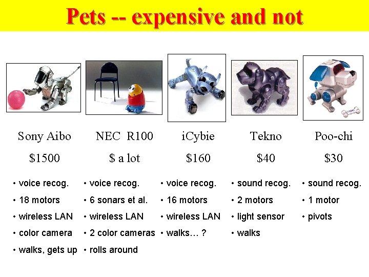 Pets -- expensive and not Sony Aibo NEC R 100 i. Cybie Tekno Poo-chi