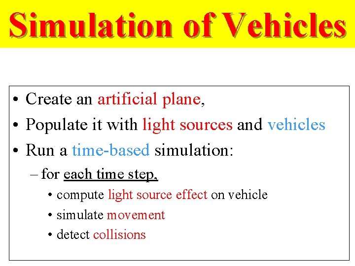 Simulation of Vehicles • Create an artificial plane, • Populate it with light sources