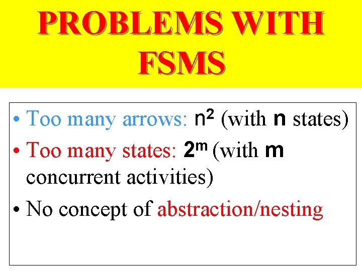 PROBLEMS WITH FSMS • Too many arrows: n 2 (with n states) • Too