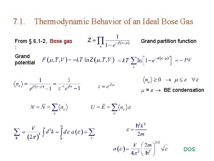 7. 1. Thermodynamic Behavior of an Ideal Bose Gas From § 6. 1 -2,